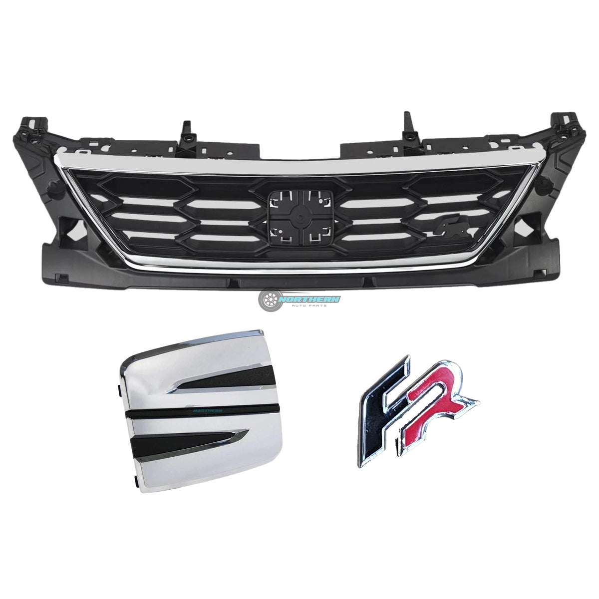 SEAT Leon 5F FR facelift 2017-2020 front bumper grille 5F0853654J with chrome trim, FR pin badge and 5F0853679C centre badge - Northern Auto Parts