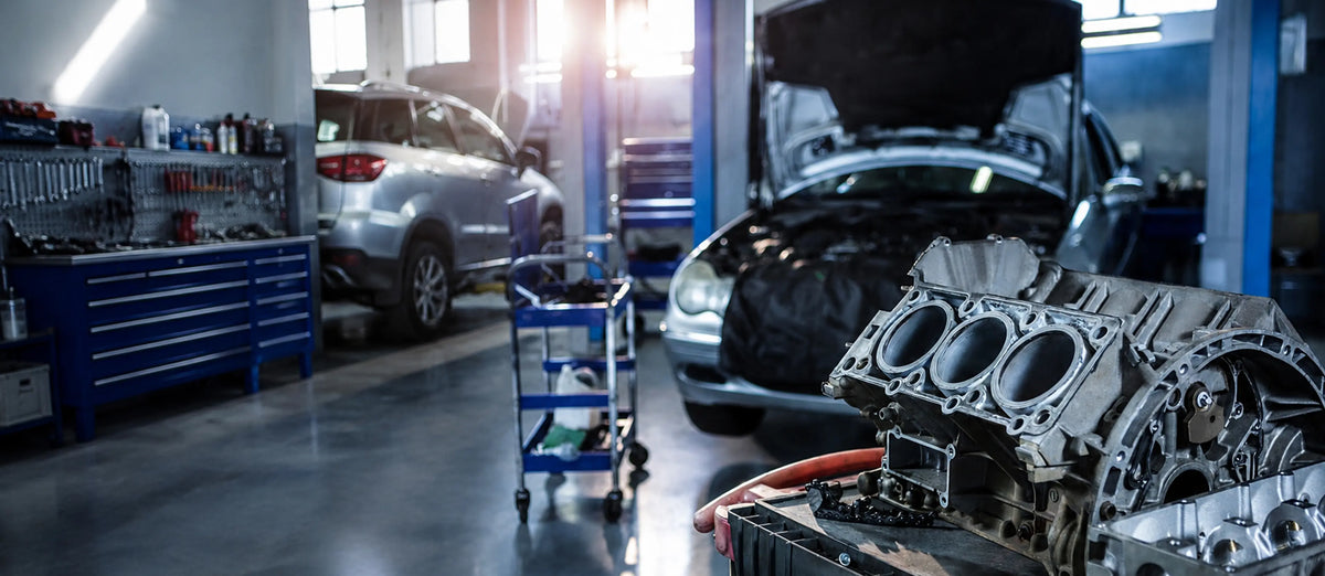 Engine block in an automotive workshop with vehicles being serviced